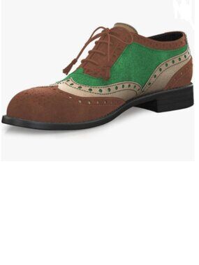 YDN Brown Green Lace Up Carving Floral Saddle Color Block Brogues Wingtip Oxford